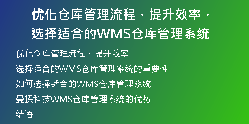 优化仓库管理流程，提升效率，选择适合的WMS仓库管理系统