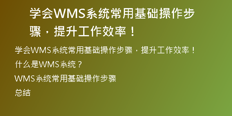 学会WMS系统常用基础操作步骤，提升工作效率！