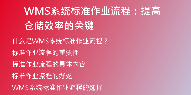 WMS系统标准作业流程：提高仓储效率的关键
