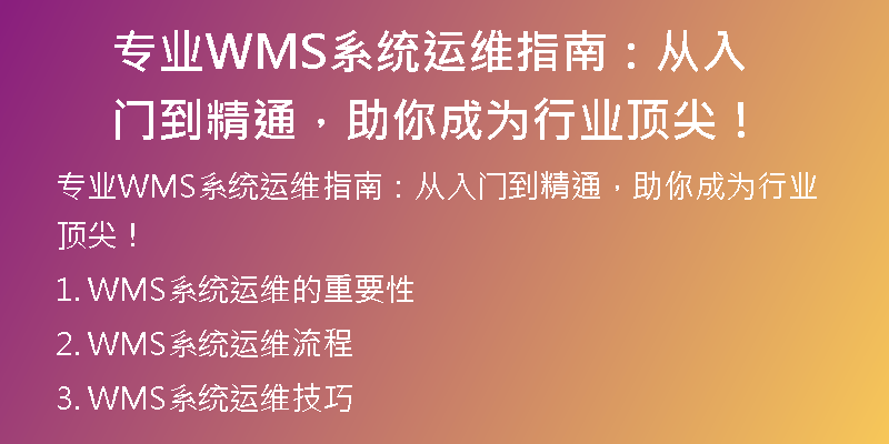 专业WMS系统运维指南：从入门到精通，助你成为行业顶尖！