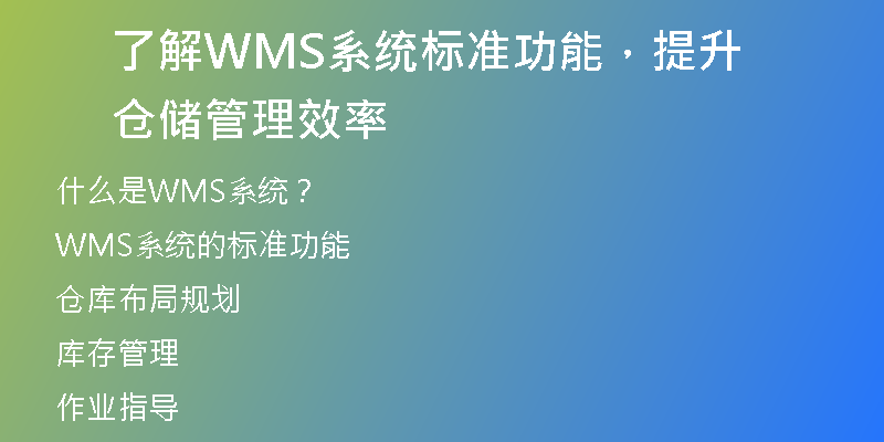 了解WMS系统标准功能，提升仓储管理效率