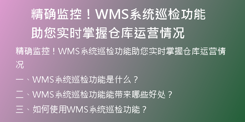 精确监控！WMS系统巡检功能助您实时掌握仓库运营情况